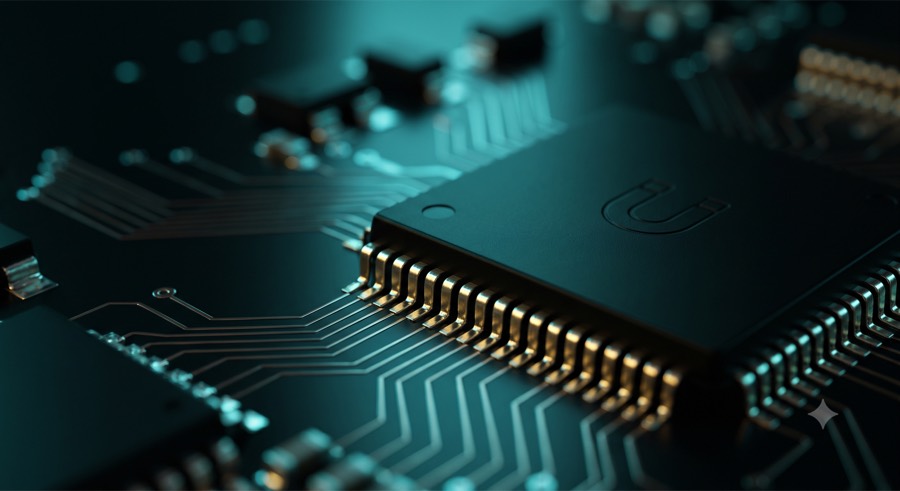 Vista macro de placa de circuito con chip en tonos verdosos